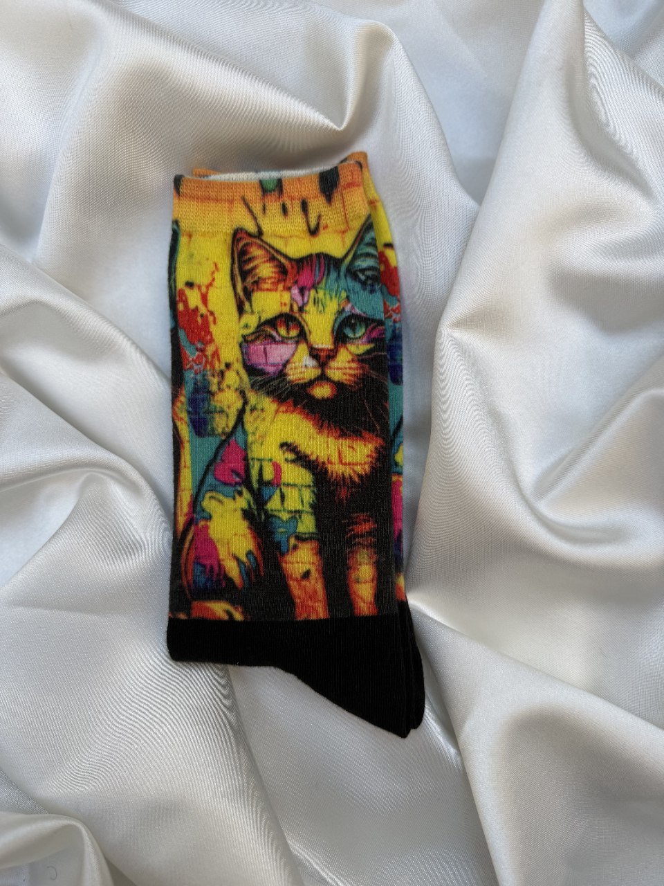 جوراب طرح دار ساق بلند گربه زرد