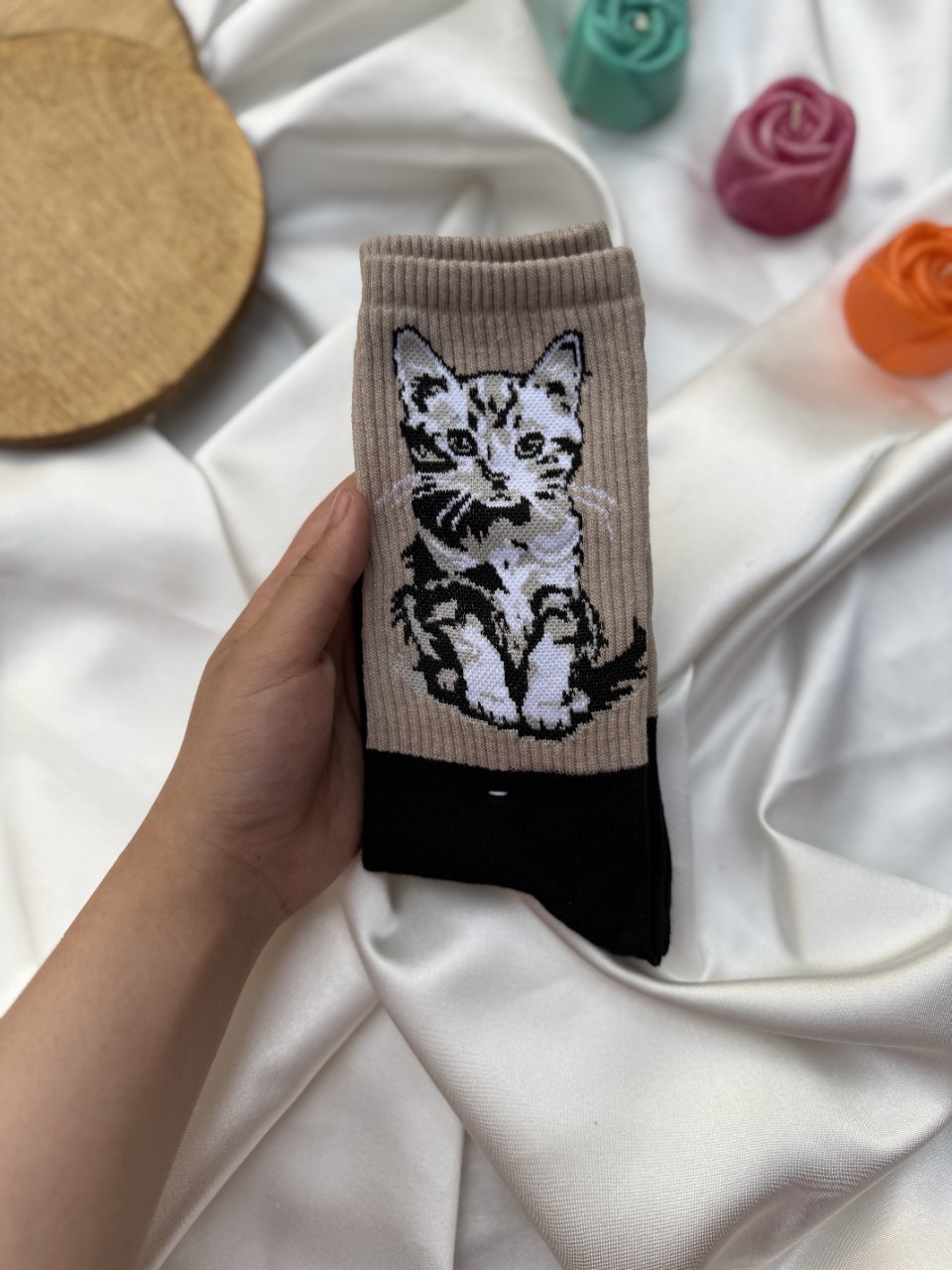 جوراب طرح دار ساق بلند خاکی گربه