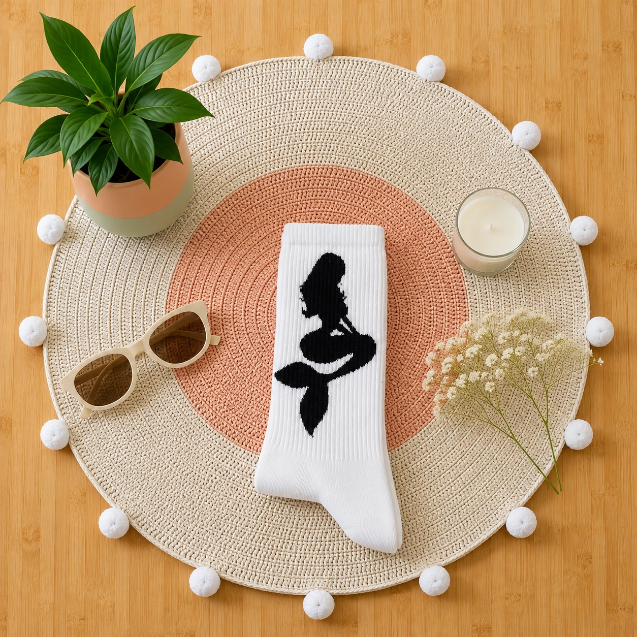 جوراب ساق بلند طرح پری دریایی سفید با جنس ۸۰ درصد نخ ایرانی و کش انگلیسی فری سایز