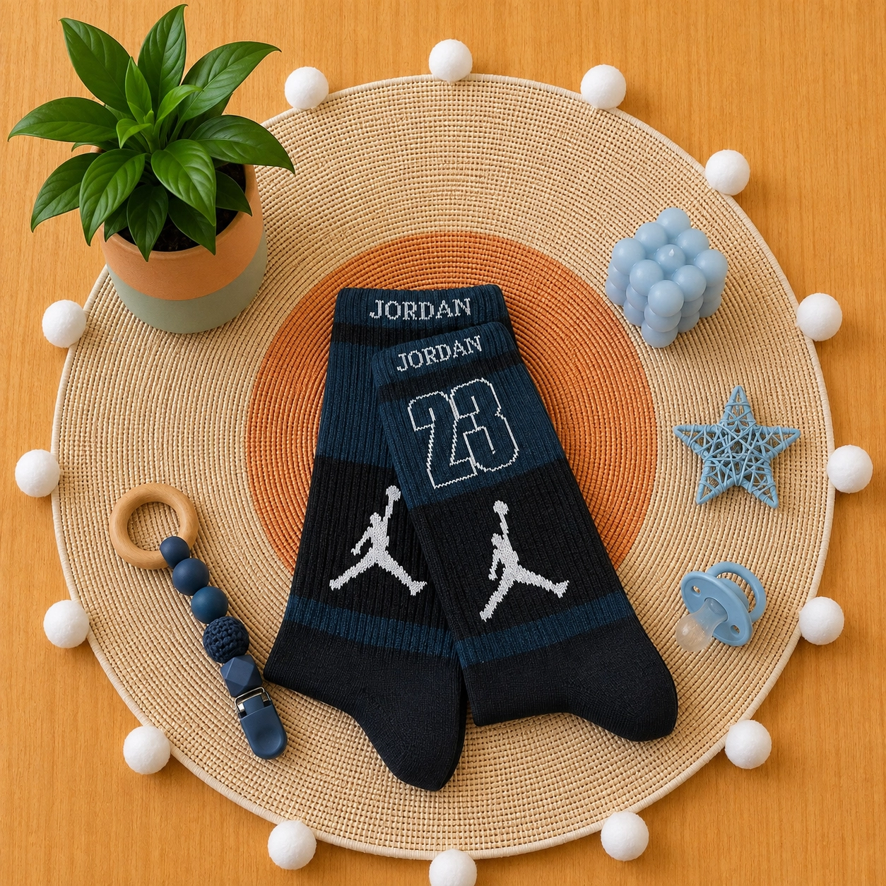 Jordan 23 black and navy long socks with blue details and sporty Jumpman design, suitable for sizes 36 to 43.