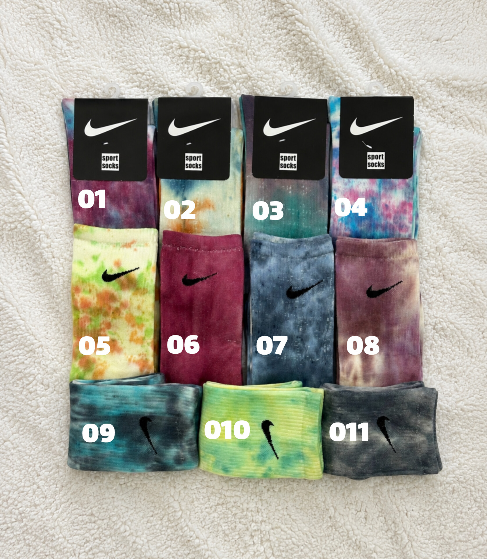 Colorful tie dye long socks with cotton fabric, sporty design and free size 36 to 43.